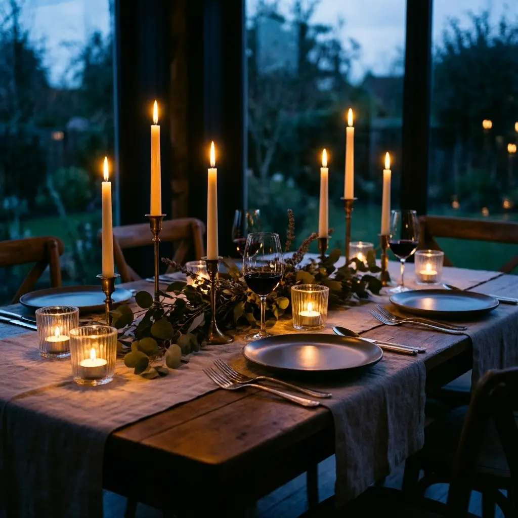 A dimly lit tablescape at dusk showing a mix of tall taper candles and glass vot