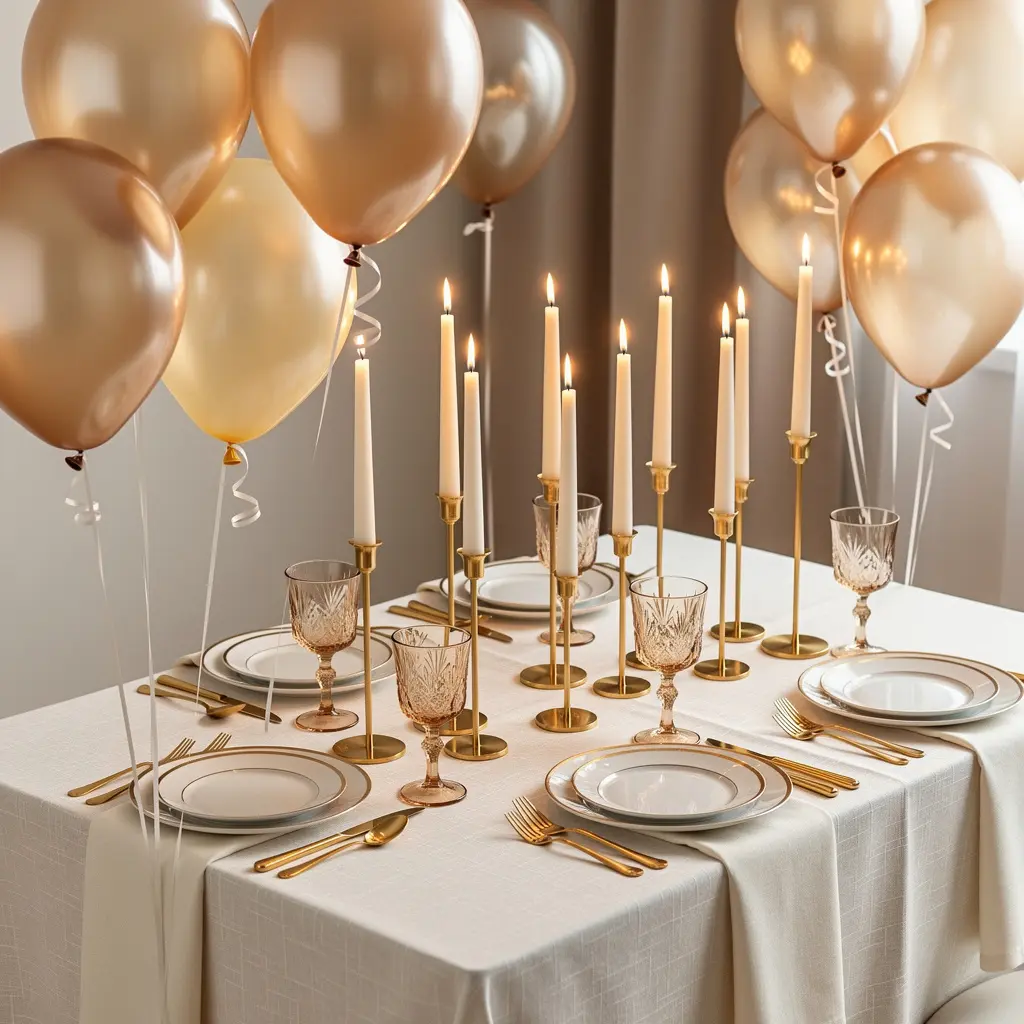 A styled dining table shot from slightly above showing ivory linens champagne co