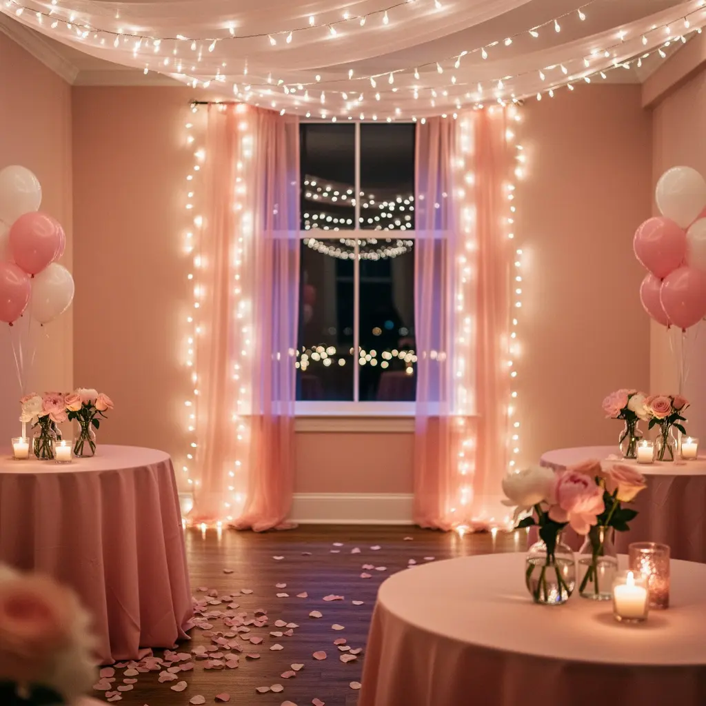 Add Fairy Lights and Soft Lighting for a Romantic Pink Party Atmosphere