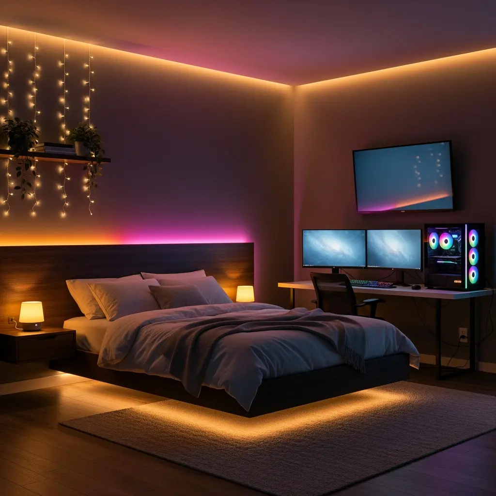 Add LED Lighting and Ambient Lights for a Cozy Tech Bedroom Feel
