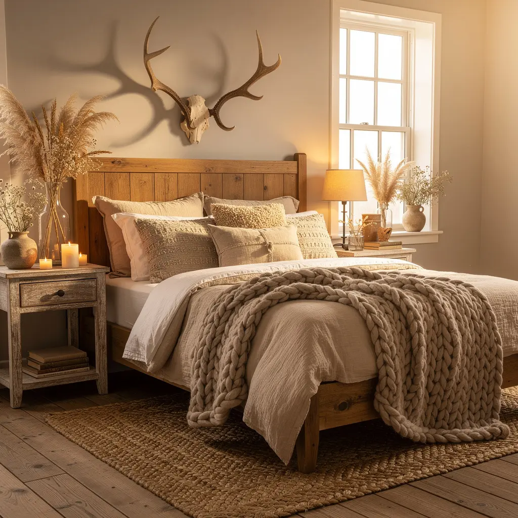 Antler and Dried Botanical Accents cozy rustic bedroom