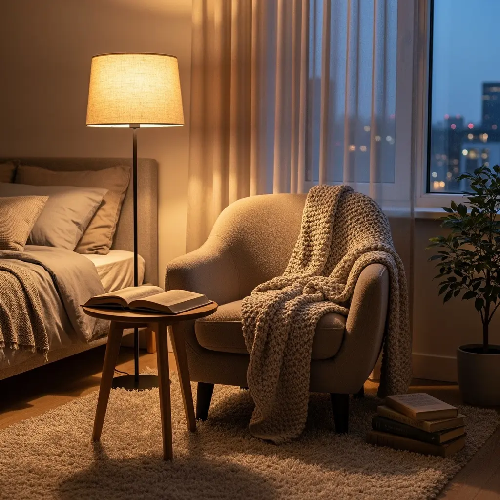 Bedroom Reading Nook With Floor Lamp