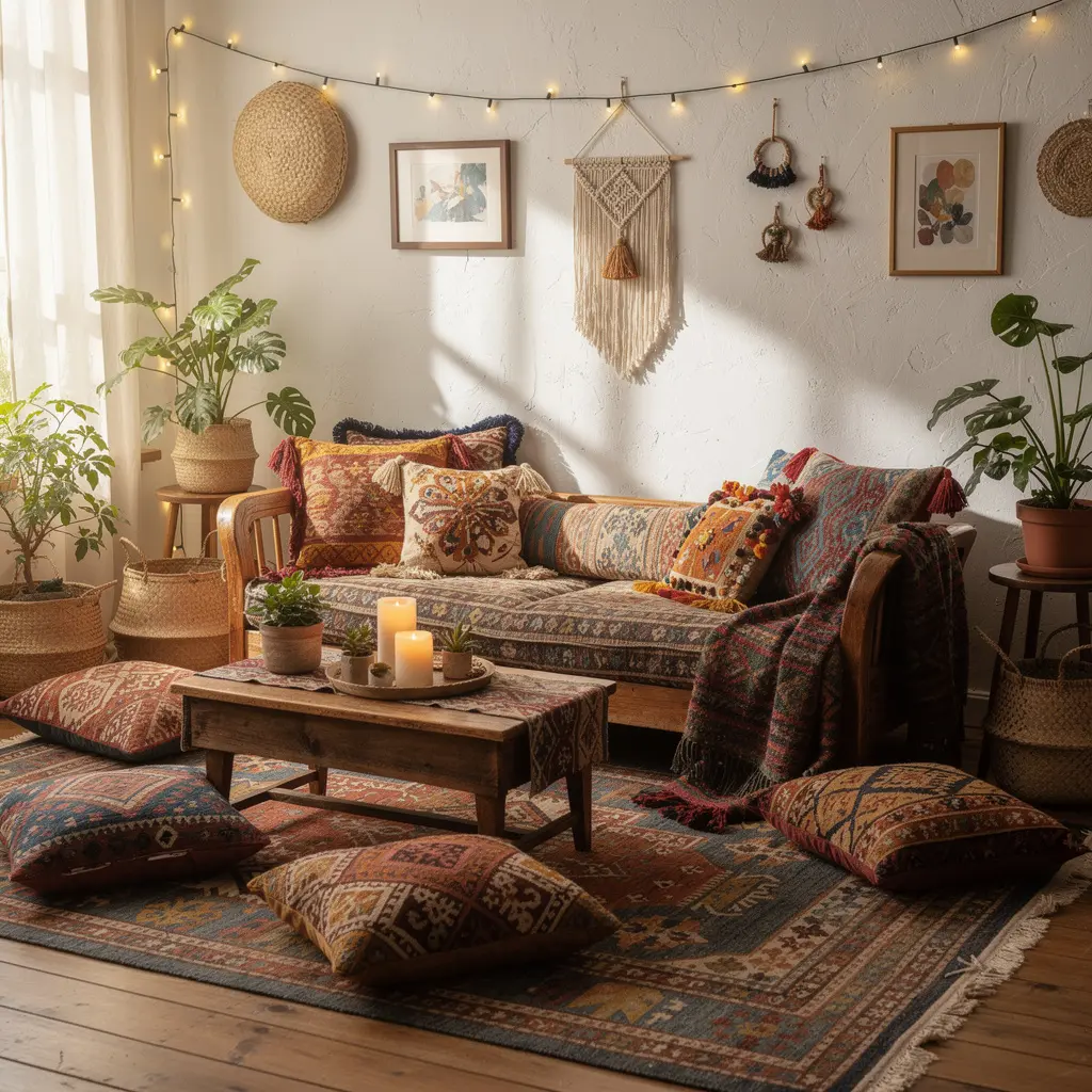Bohemian Living Room with Layered Rugs and Decorative Pillows