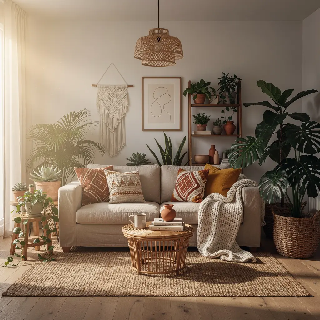 Boho Living Room with Indoor Plants and Earthy Accents