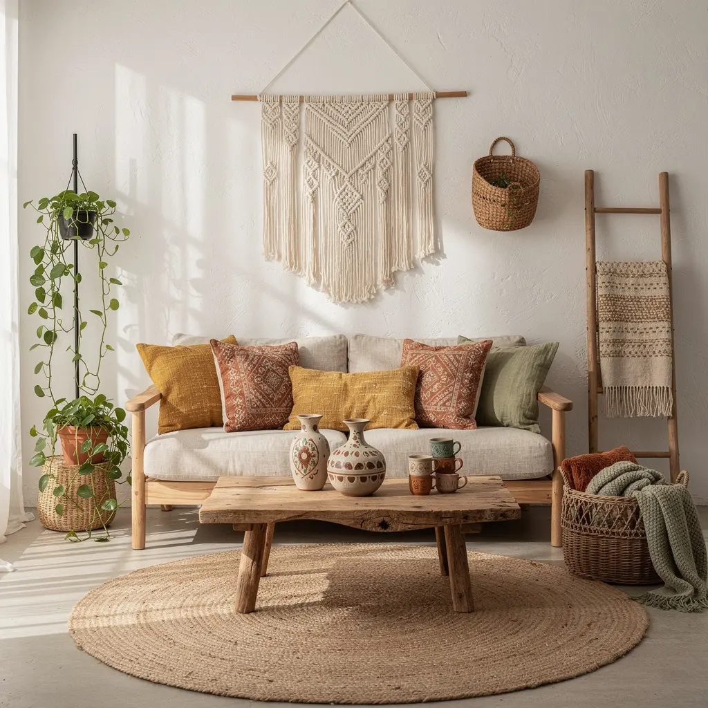 Boho Living Room with Macrame Wall Decor and Handmade Details