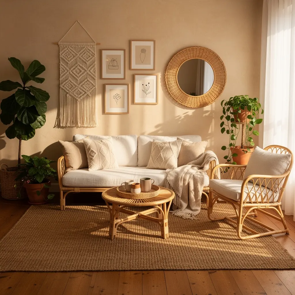 Boho Living Room with Rattan Furniture and Natural Materials
