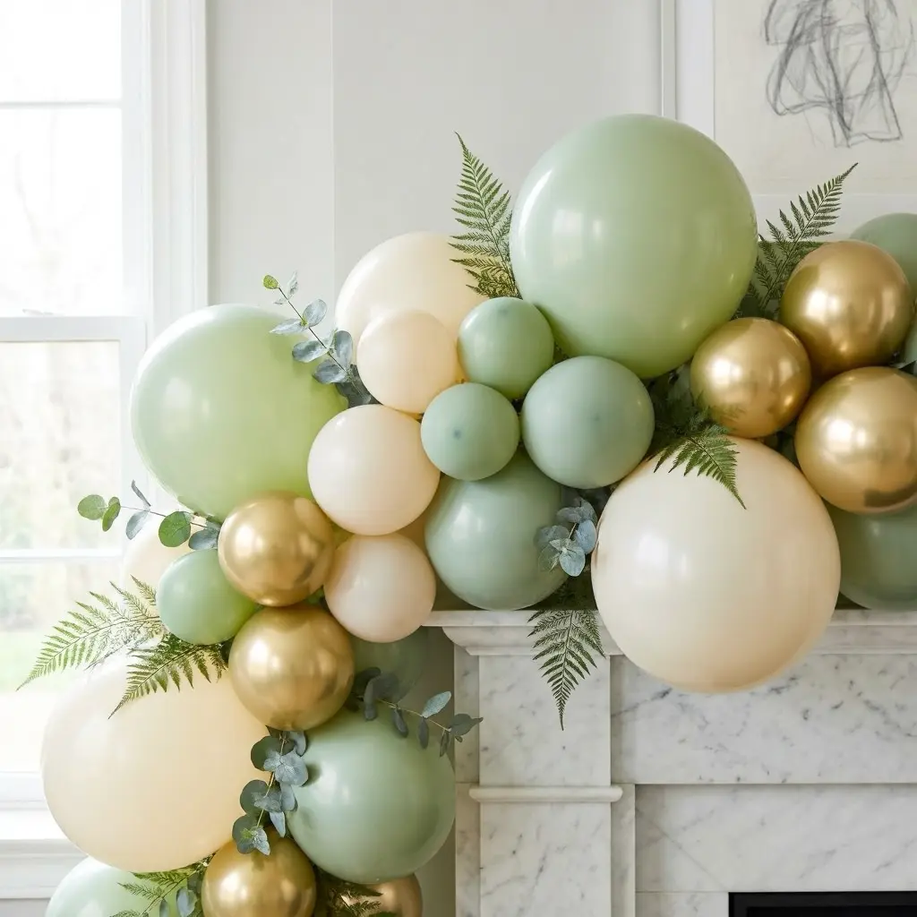 Close up of an organic balloon garland cascading over a doorway or fireplace man