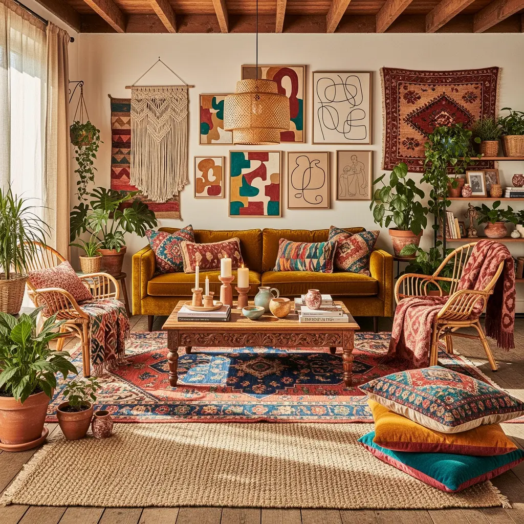 Colorful Boho Living Room with Artistic Patterns and Unique Decor