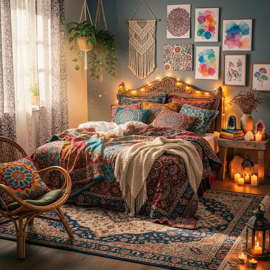 Colorful Dreamy Boho Bedroom with Artistic Patterns and Unique Details