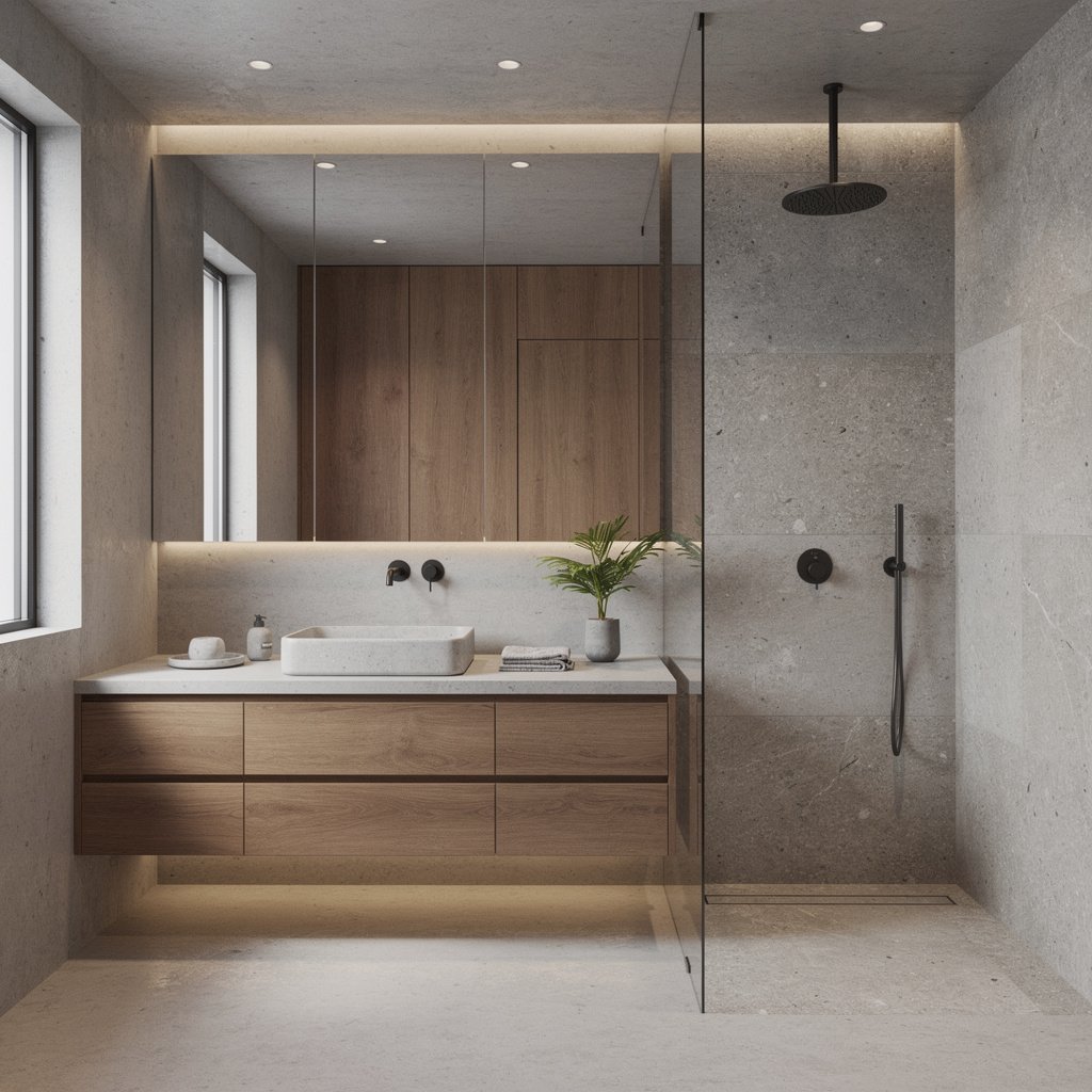Concrete and Wood Soft Brutalist Bathroom