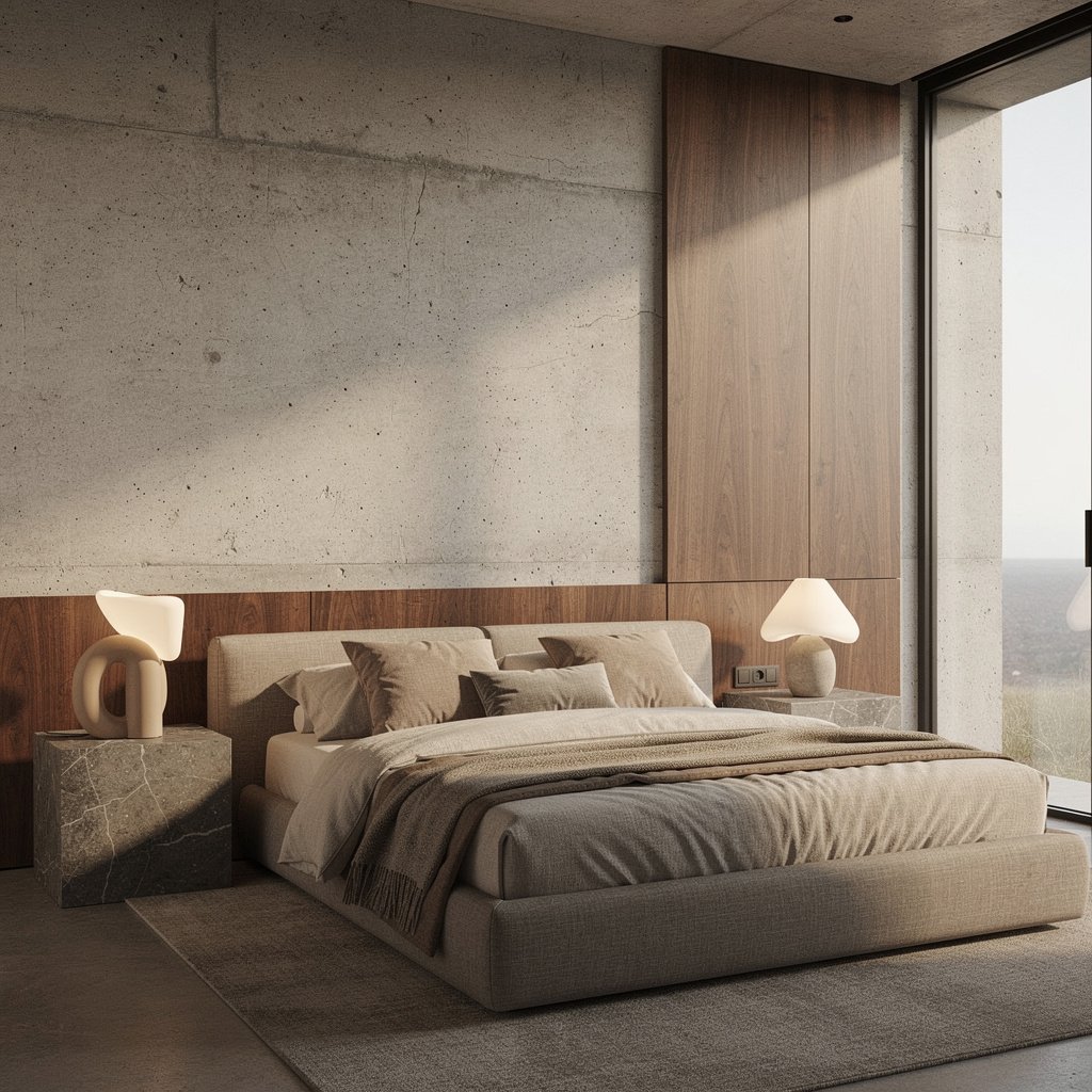 Concrete and Wood Soft Brutalist Bedroom