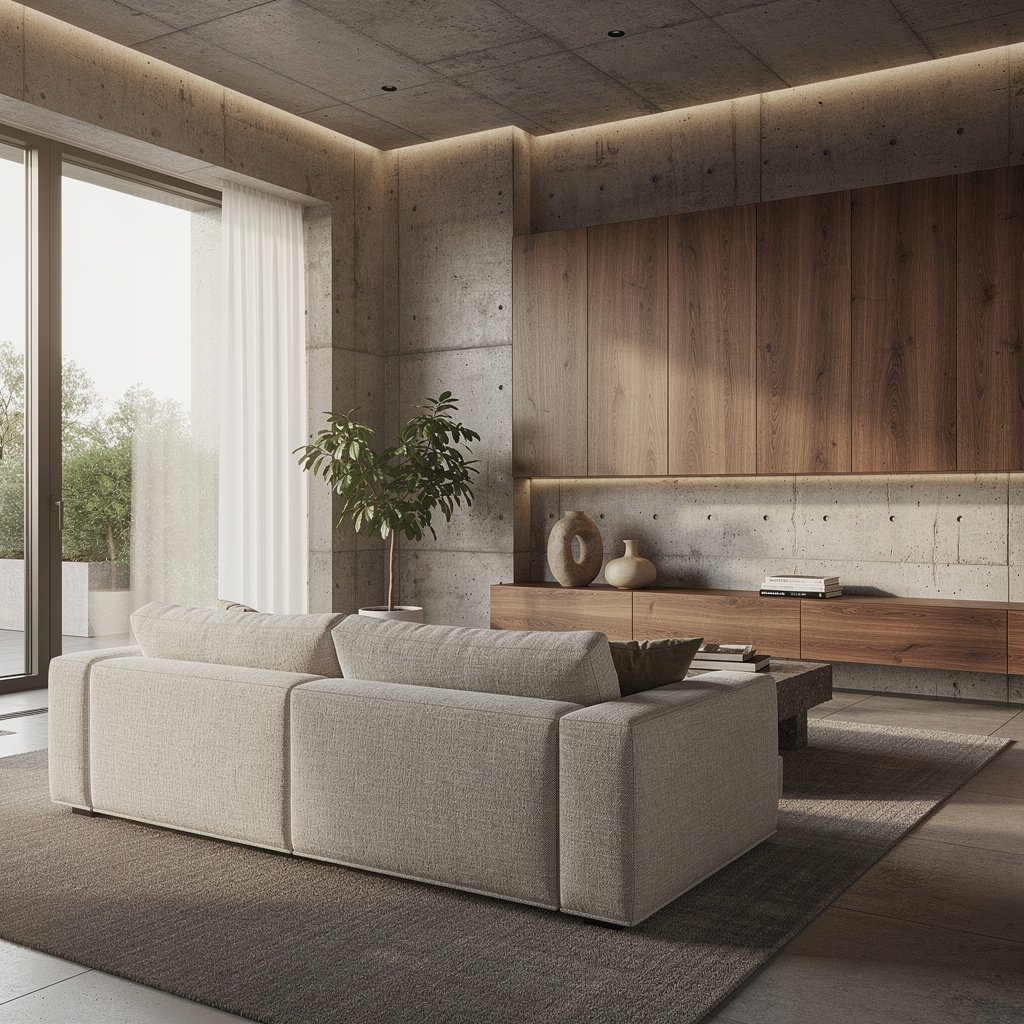 Concrete and Wood Soft Brutalist Living Room