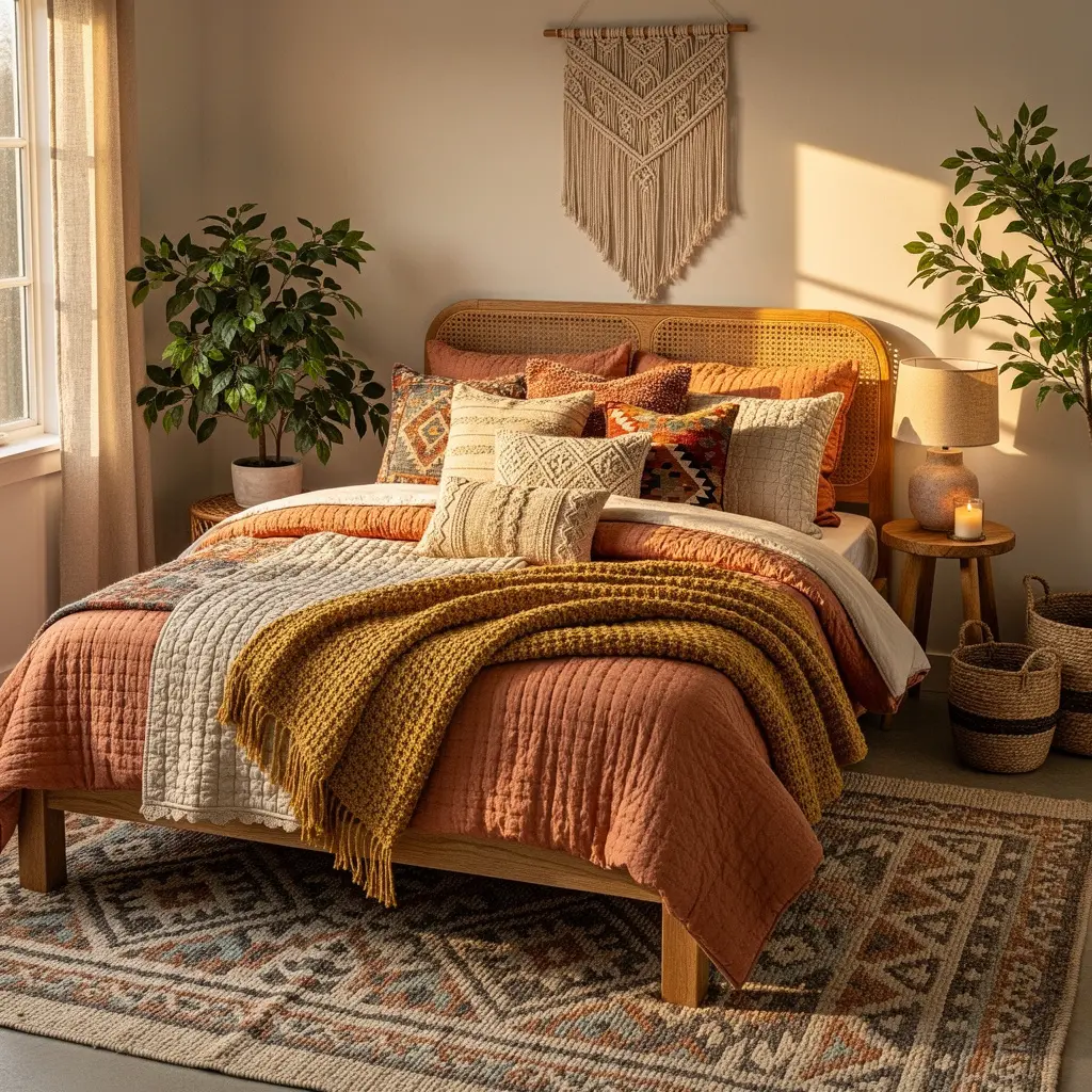 Cozy Boho Bedroom with Layered Bedding and Decorative Pillows