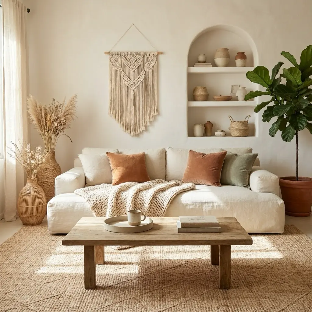 Cozy Boho Living Room with Warm Neutral Colors and Soft Textures