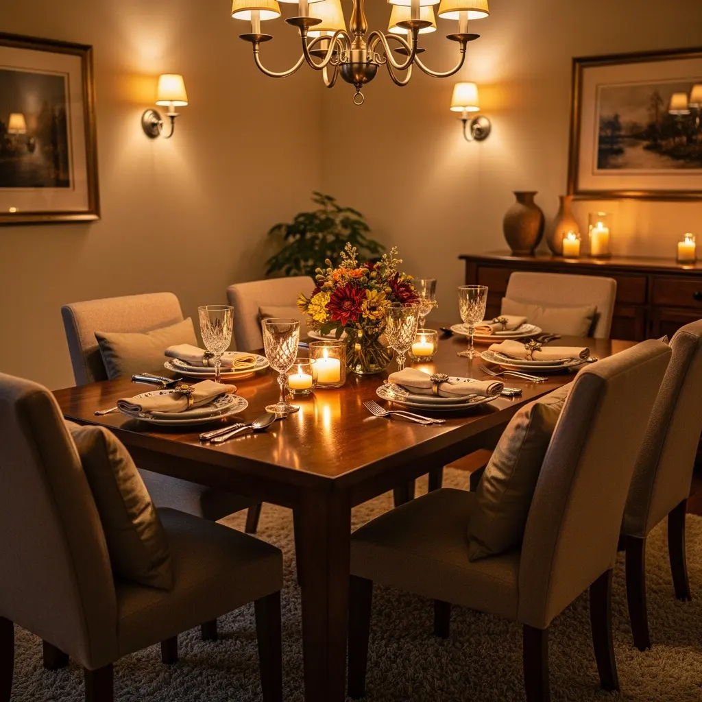 Cozy Dining Room Decor with Sparkling Table Settings and Warm Ambiance