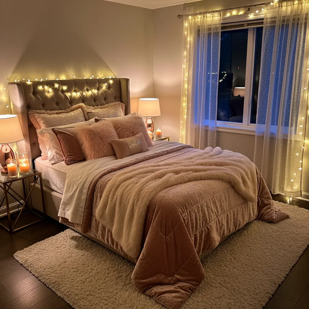 Cozy Sparkly Bedroom Design with Fairy Lights and Luxury Fabrics