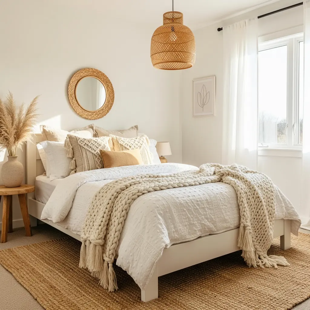 Cozy White Boho Bedroom with Layered Bedding and Throws