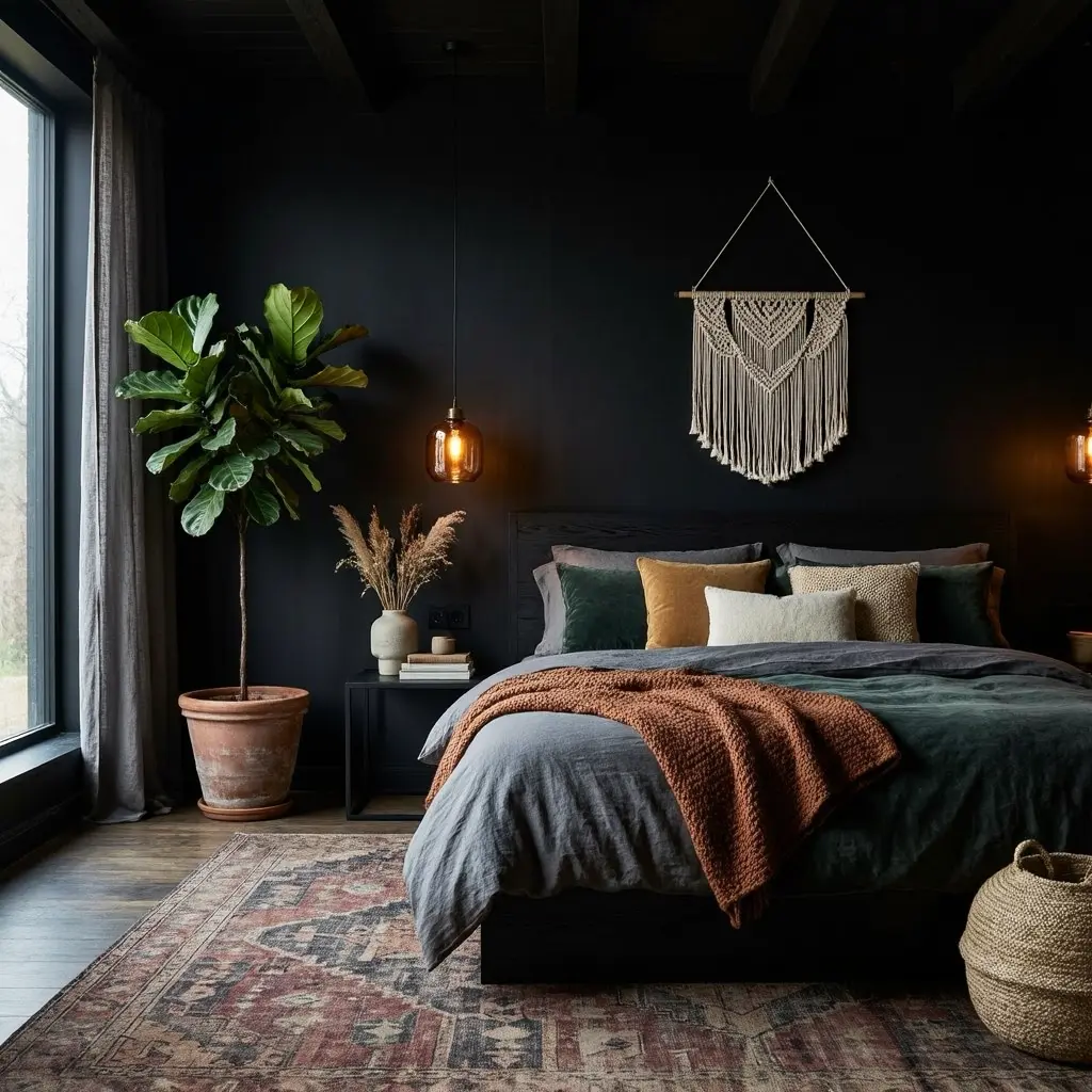Dark Modern Boho Bedroom Interior