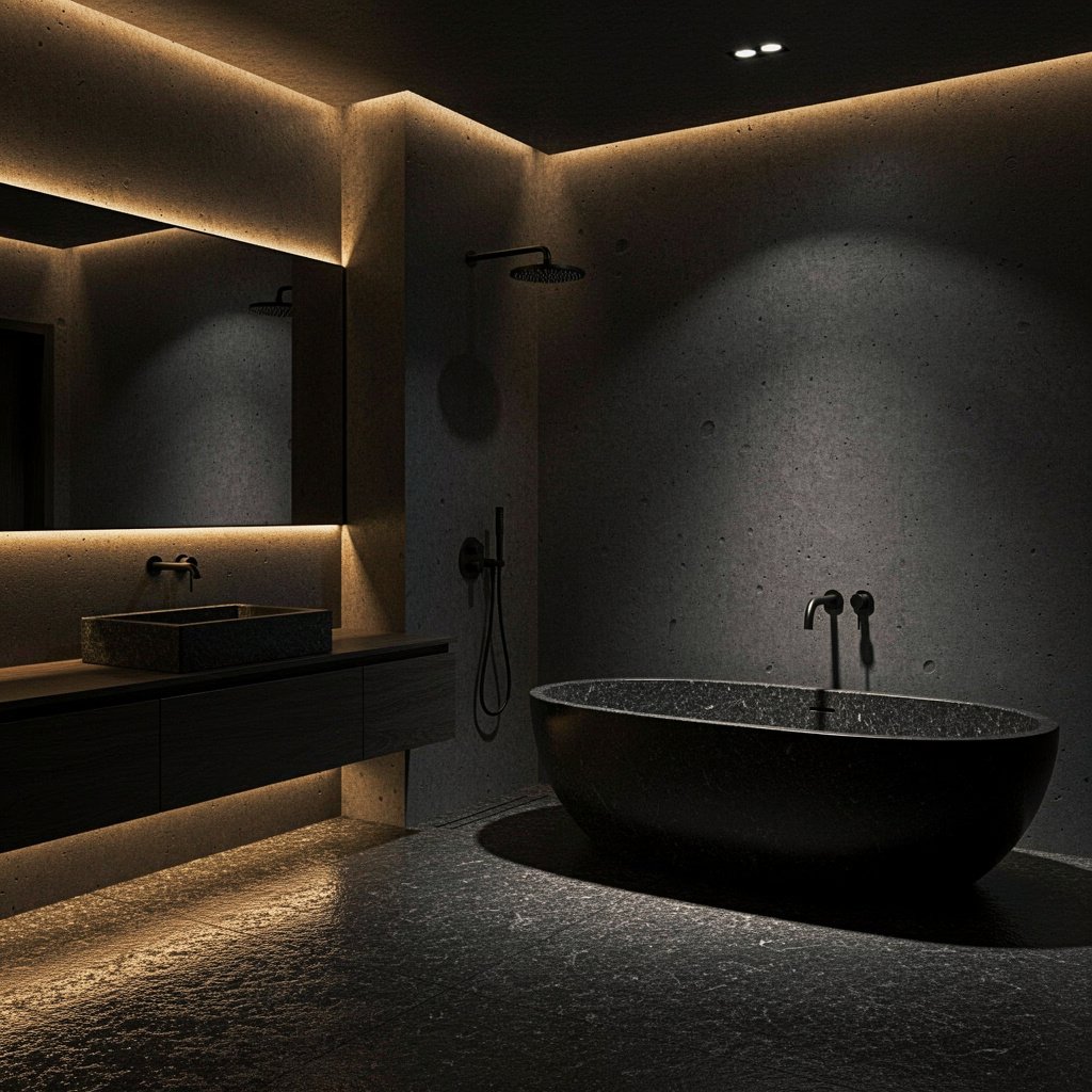 Dark Moody Soft Brutalist Bathroom Interior