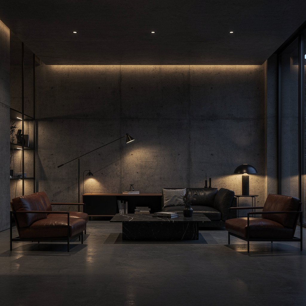 Dark Moody Soft Brutalist Interior