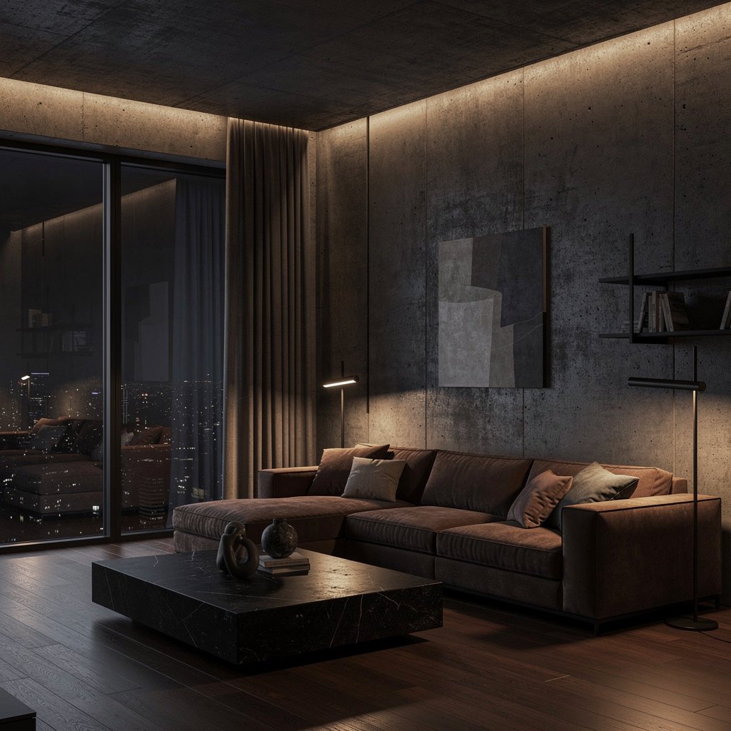 Dark Moody Soft Brutalist Living Room