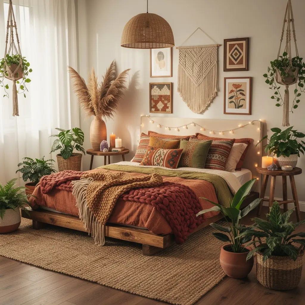 Dreamy Boho Bedroom with Plants and Earthy Decor
