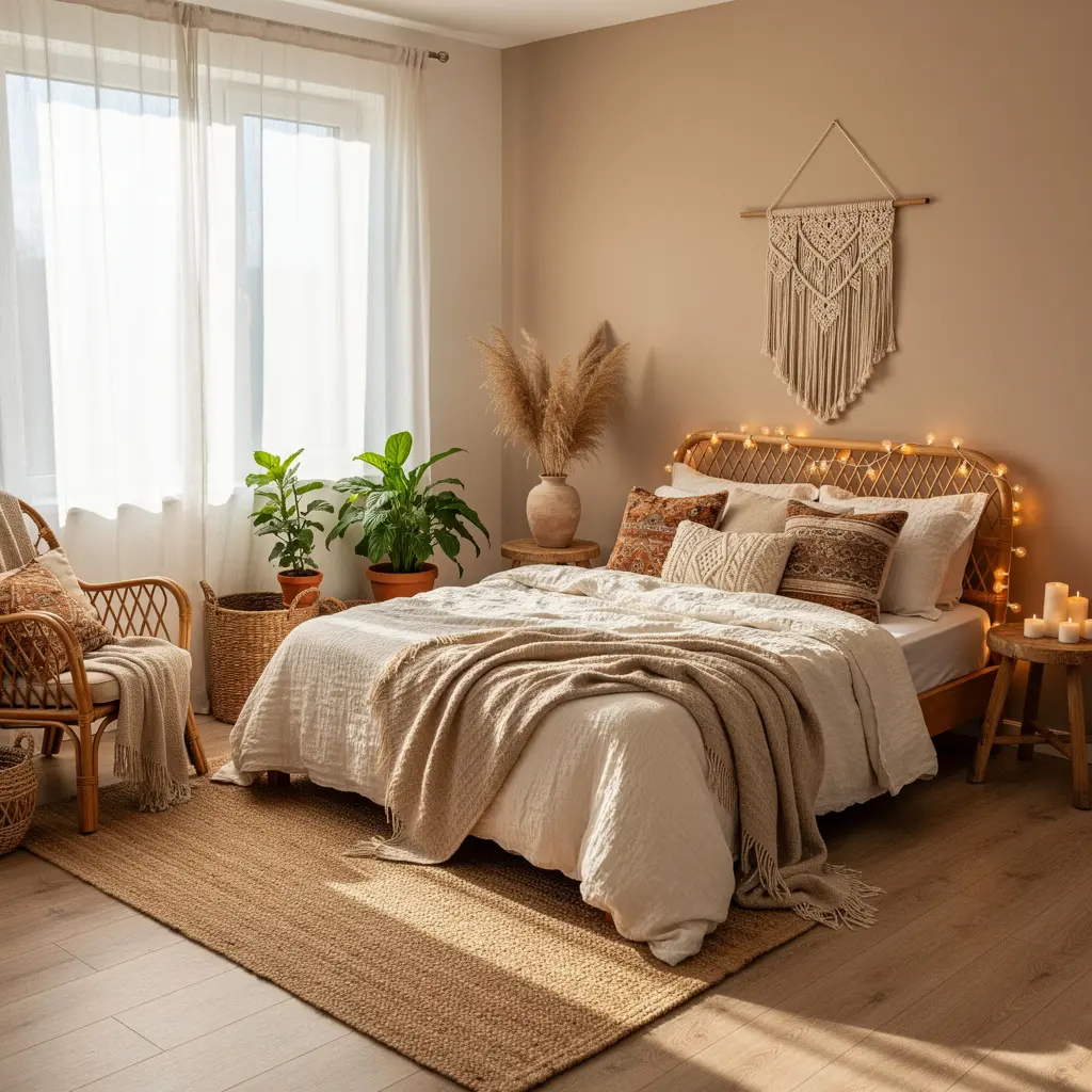 Dreamy Boho Bedroom with Rattan Furniture and Natural Elements