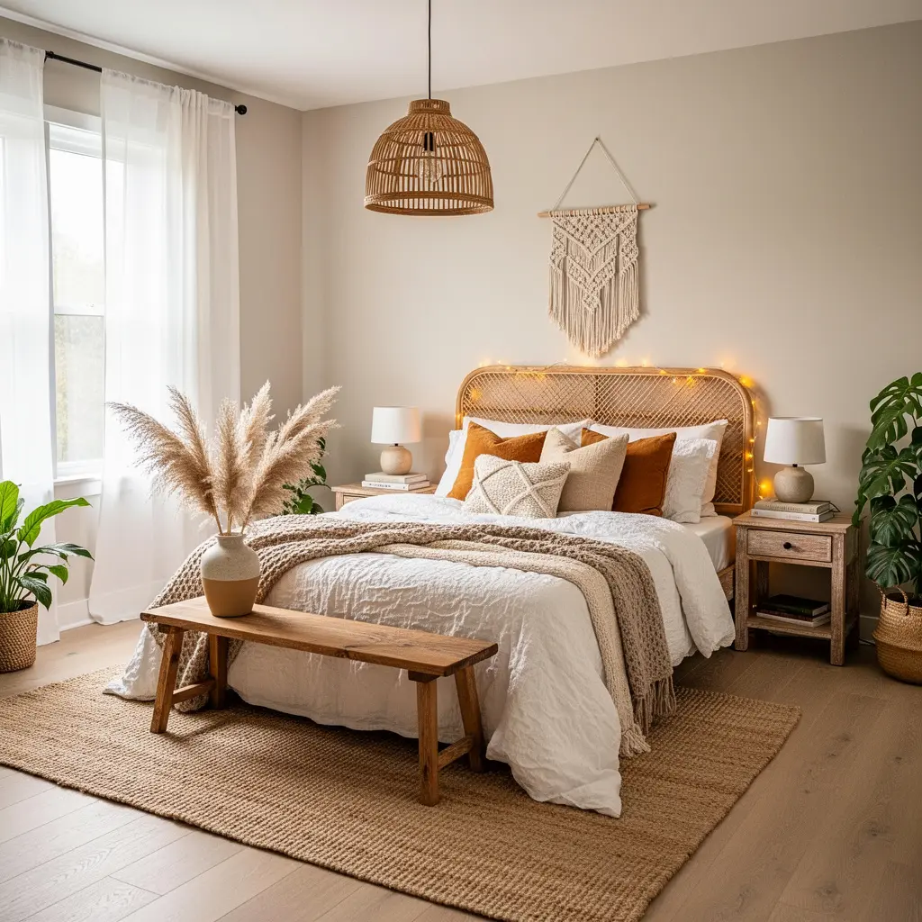 Dreamy Boho Bedroom with Soft Neutral Colors and Cozy Textures