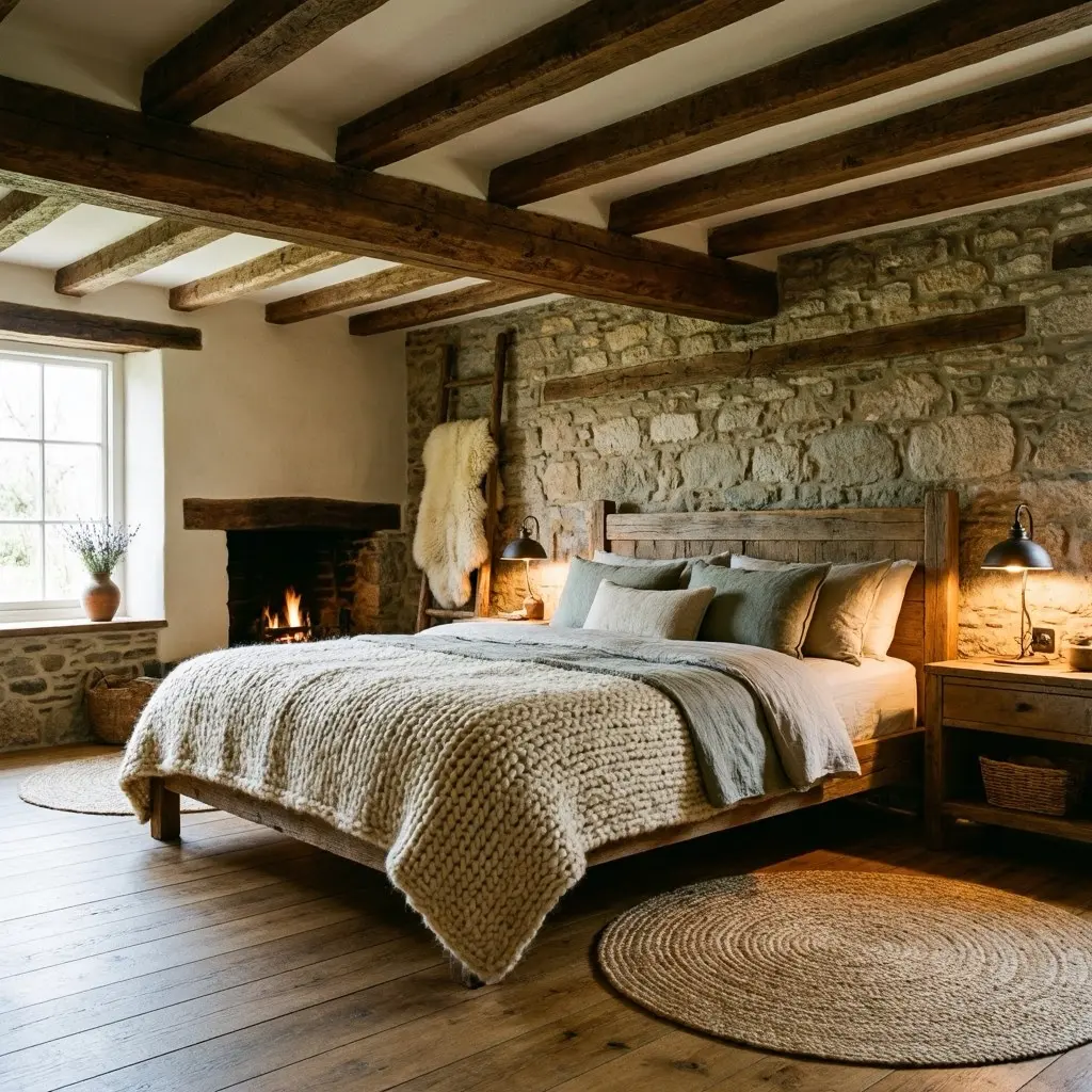Exposed Wood Beam Ceilings cozy rustic bedroom