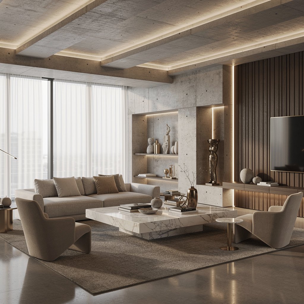 High-End Hotel Style Soft Brutalist Living Room