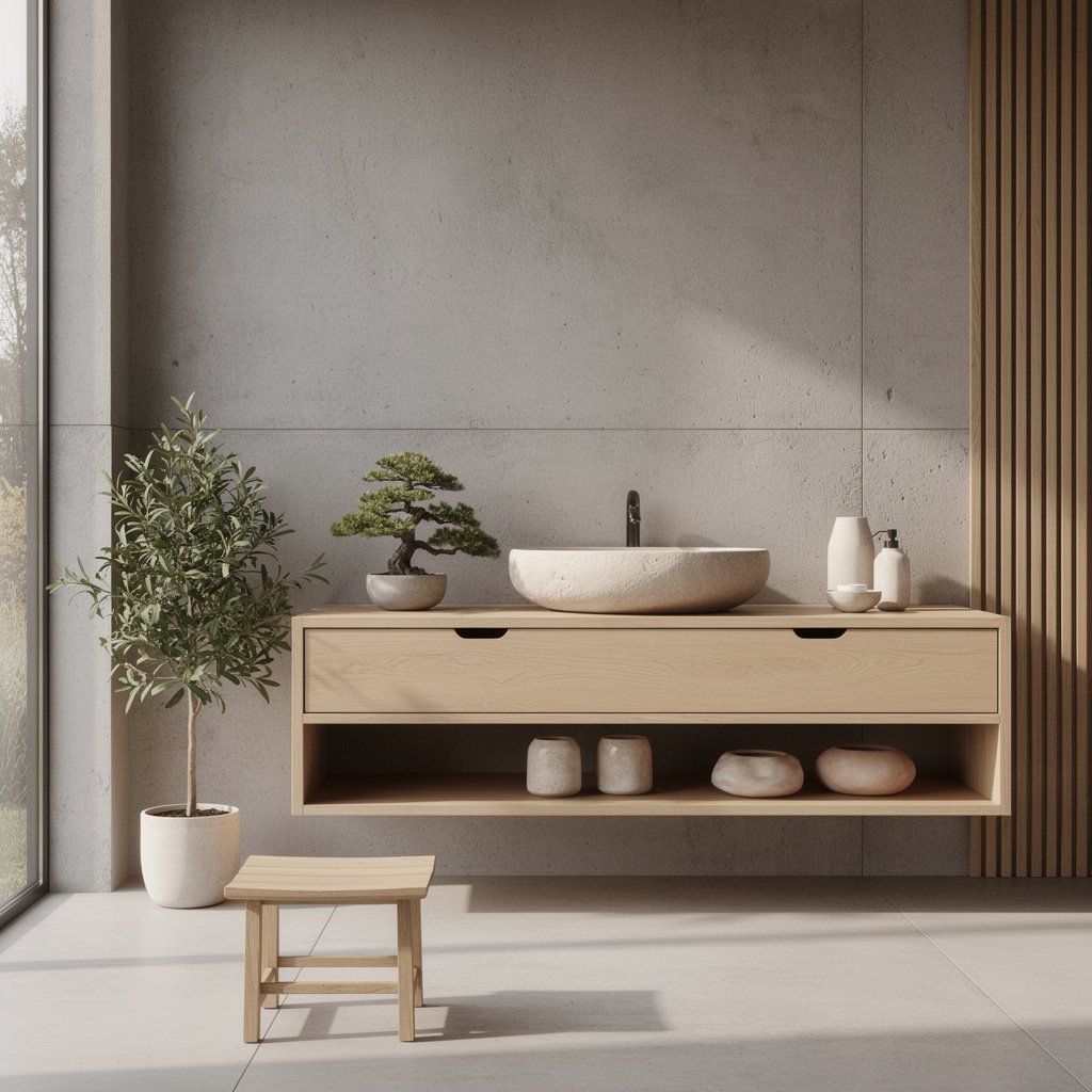 Japandi Soft Brutalist Bathroom Design