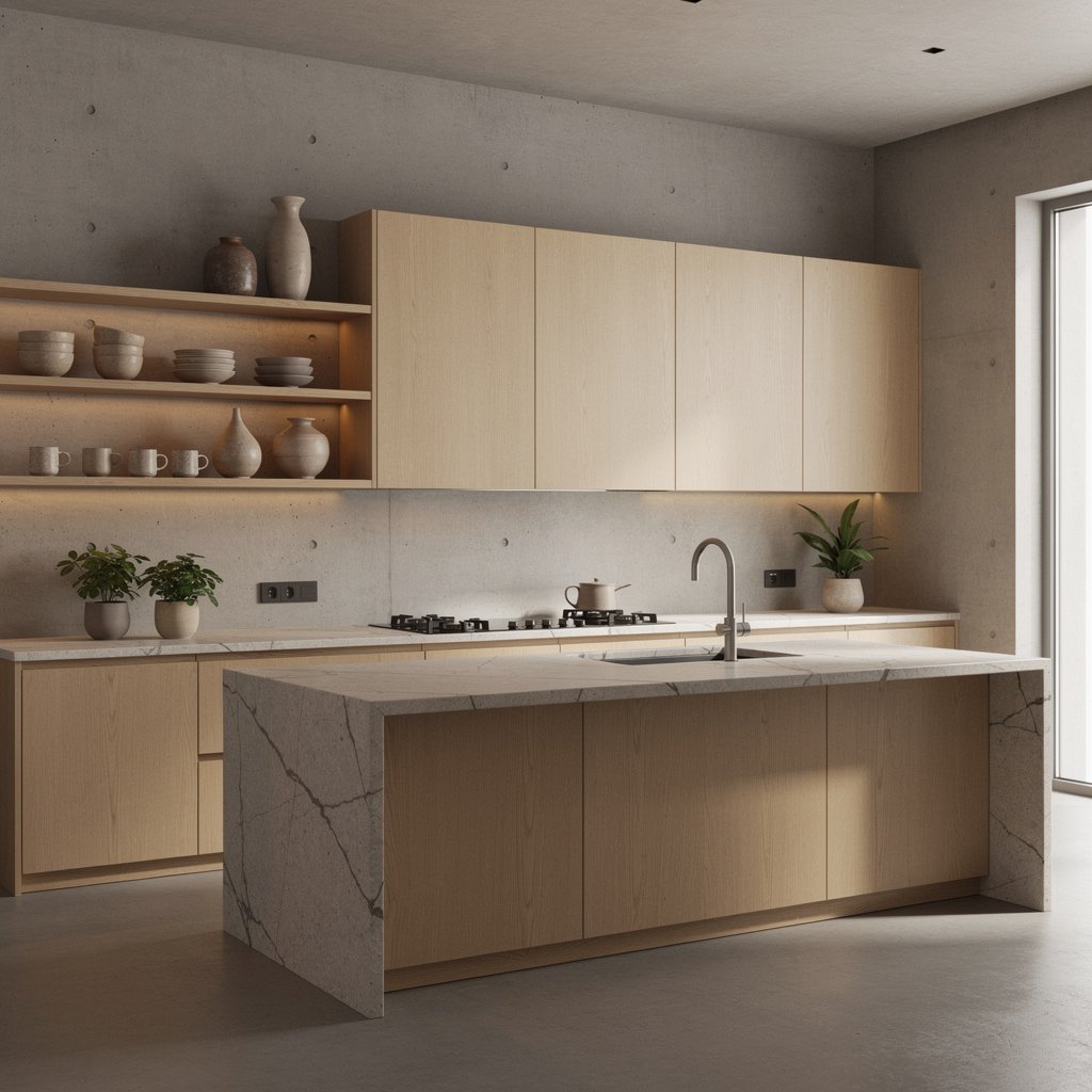 Japandi Soft Brutalist Kitchen Interior