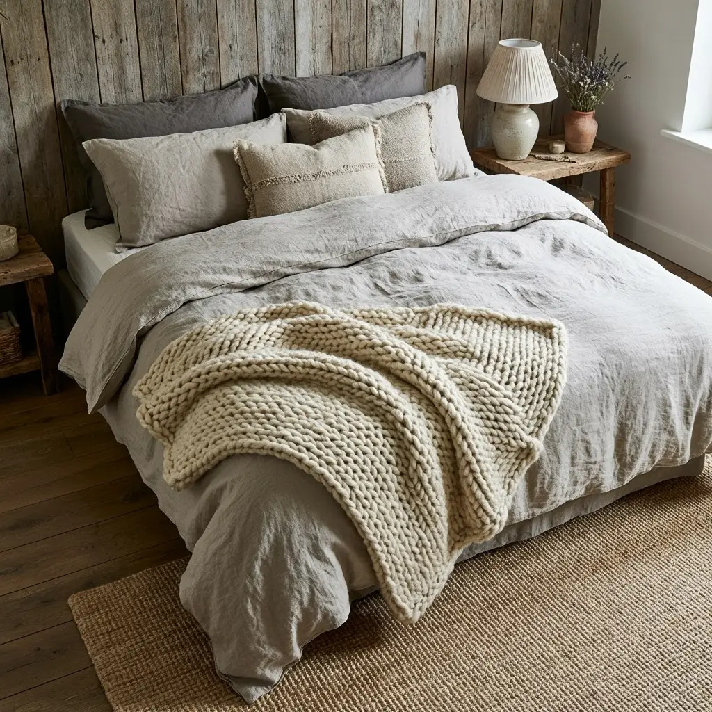 Layered Linen and Chunky Knit Bedding cozy rustic bedroom