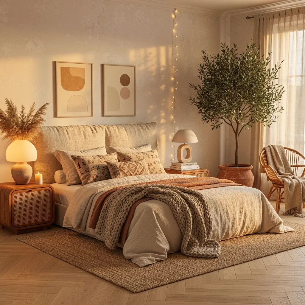 Luxury Boho Bedroom with Elegant Textures and Warm Lighting