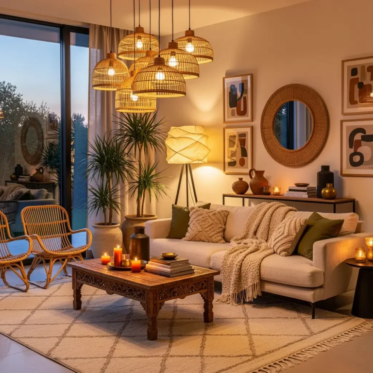 Luxury Boho Living Room with Elegant Decor and Warm Lighting