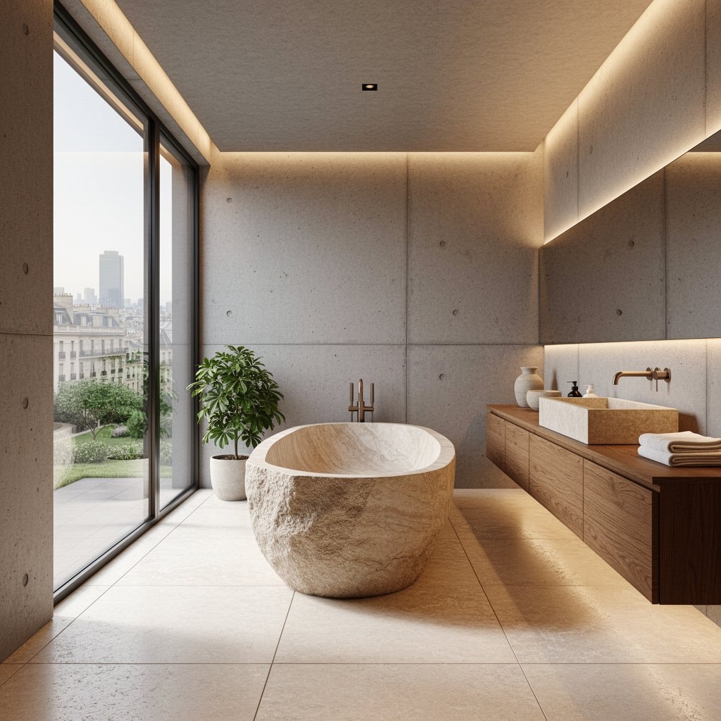 Luxury Soft Brutalist Bathroom With Stone Bathtub