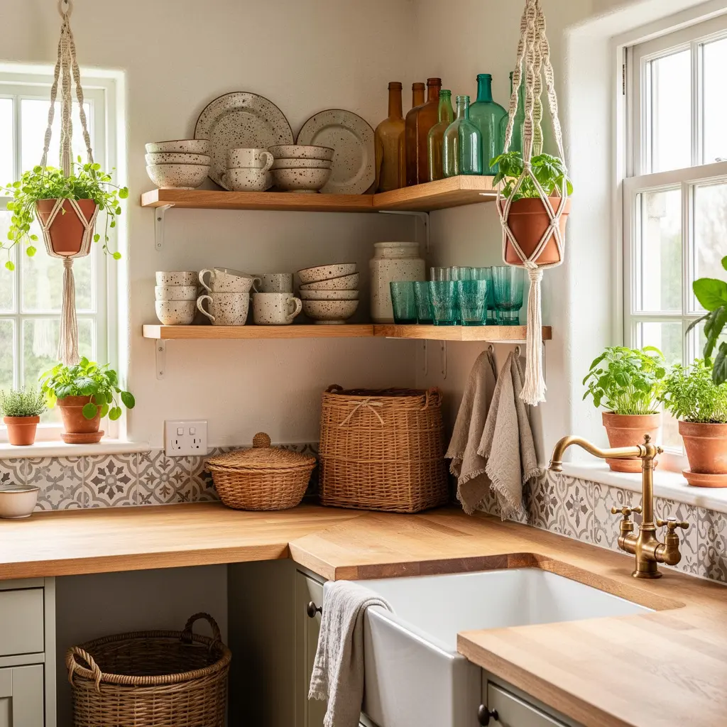 Mismatched Vintage Ceramics and Glassware Cozy Boho Kitchen