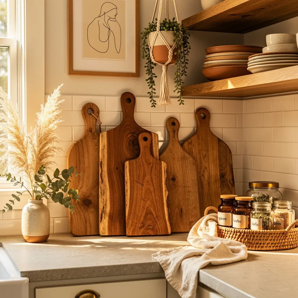 Natural Wood Cutting Boards and Countertop Styling Cozy Boho Kitchen