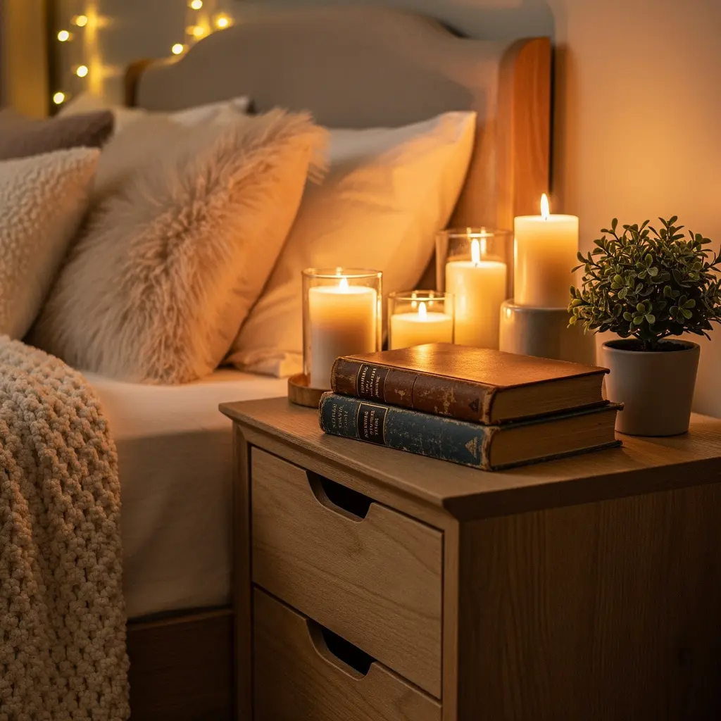 Nightstand Styling With Candles and Books