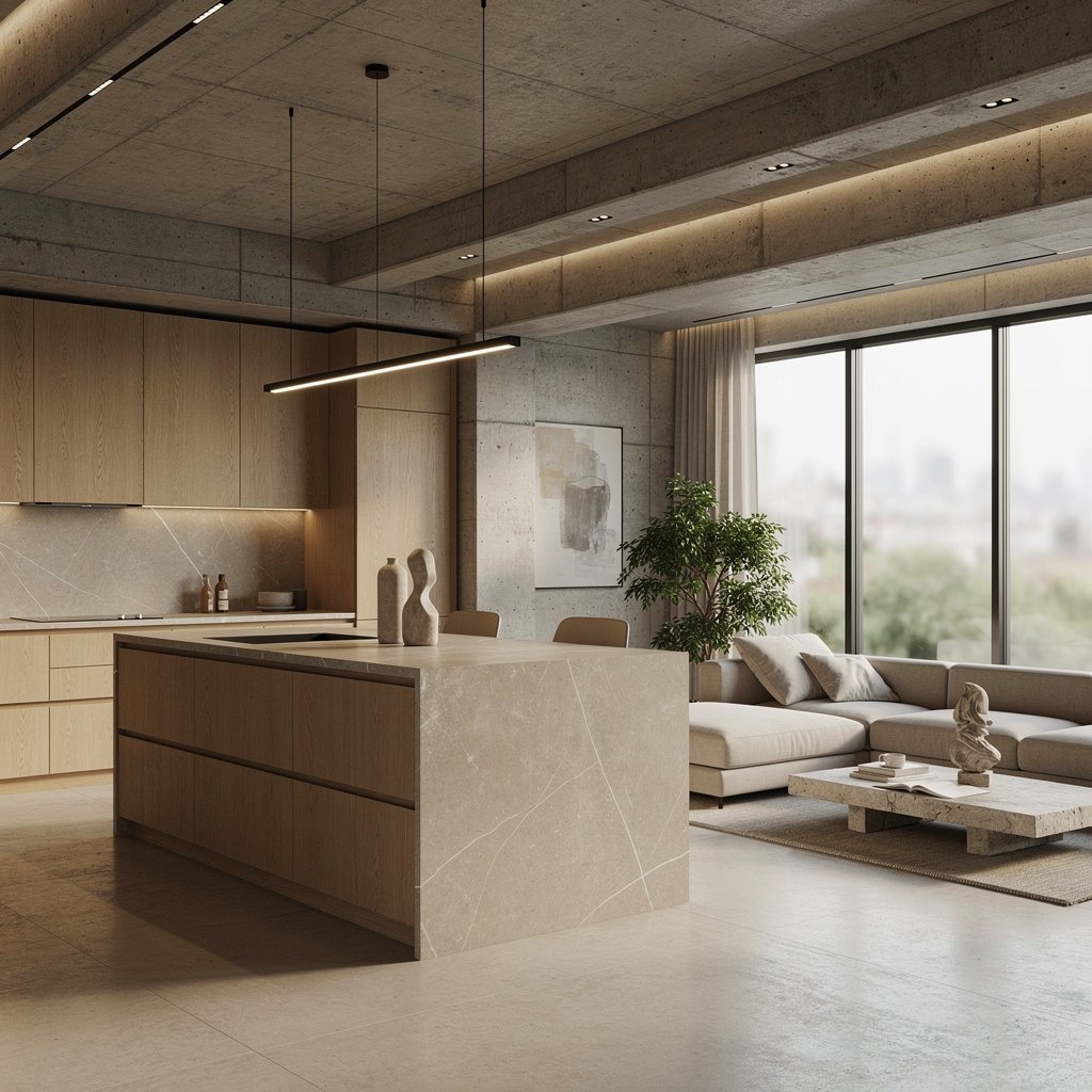 Open Plan Soft Brutalist Kitchen Living Space