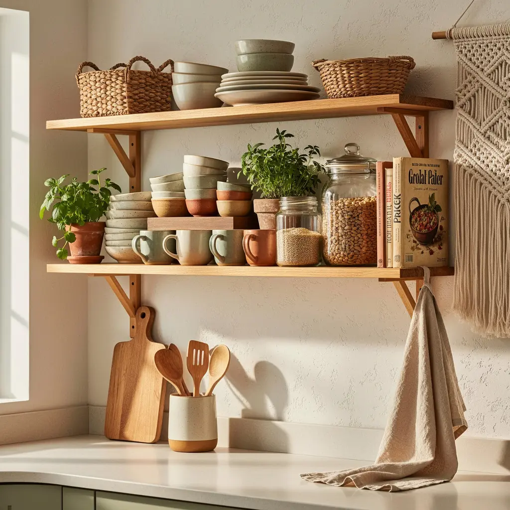 Open Wooden Shelving With Curated Display Cozy Boho Kitchen