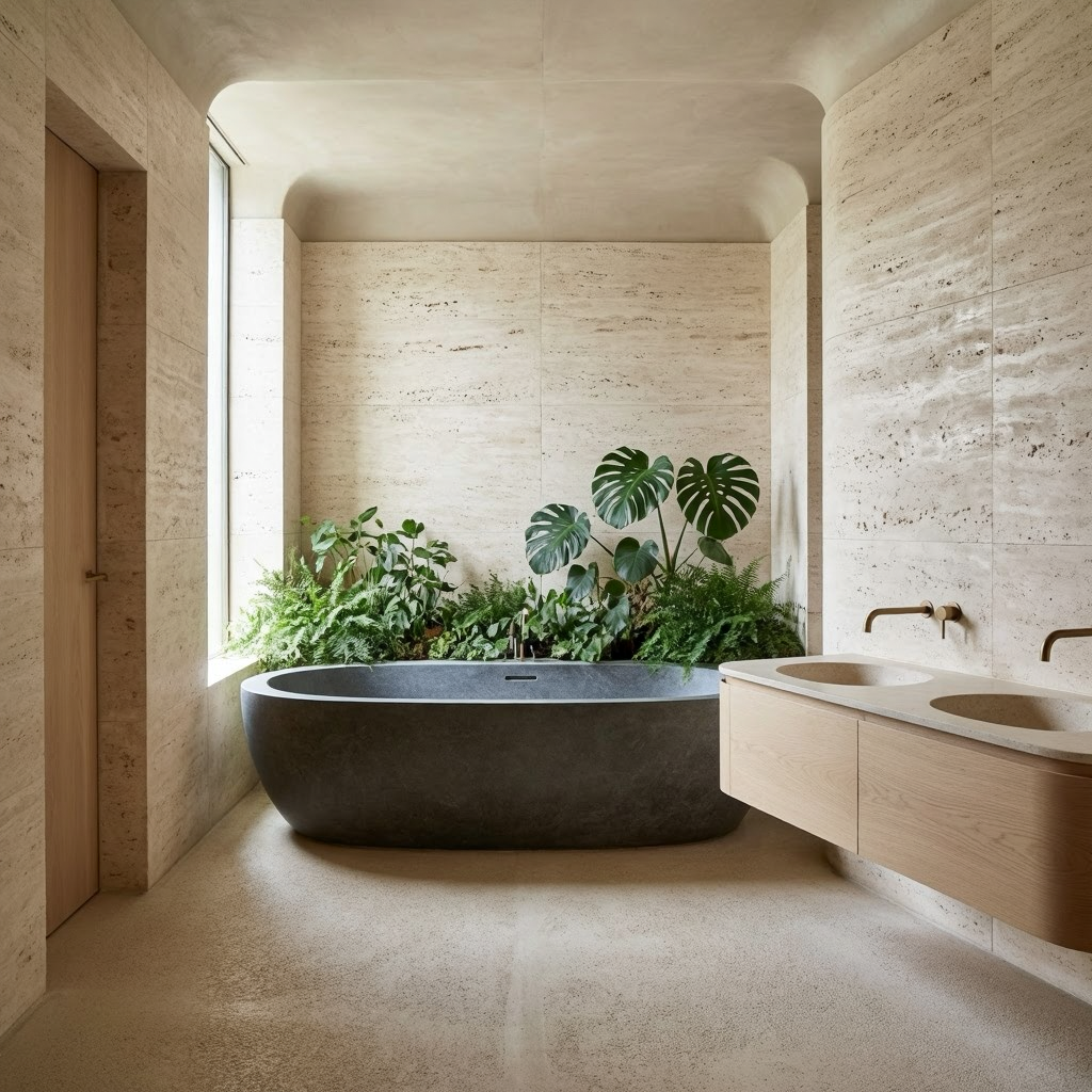 Organic Soft Brutalist Bathroom With Natural Stone