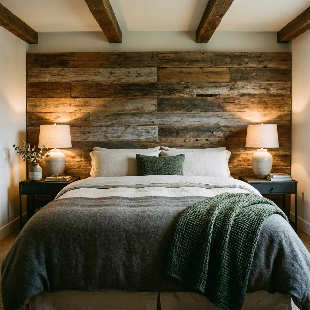 Reclaimed Wood Headboard cozy rustic bedroom