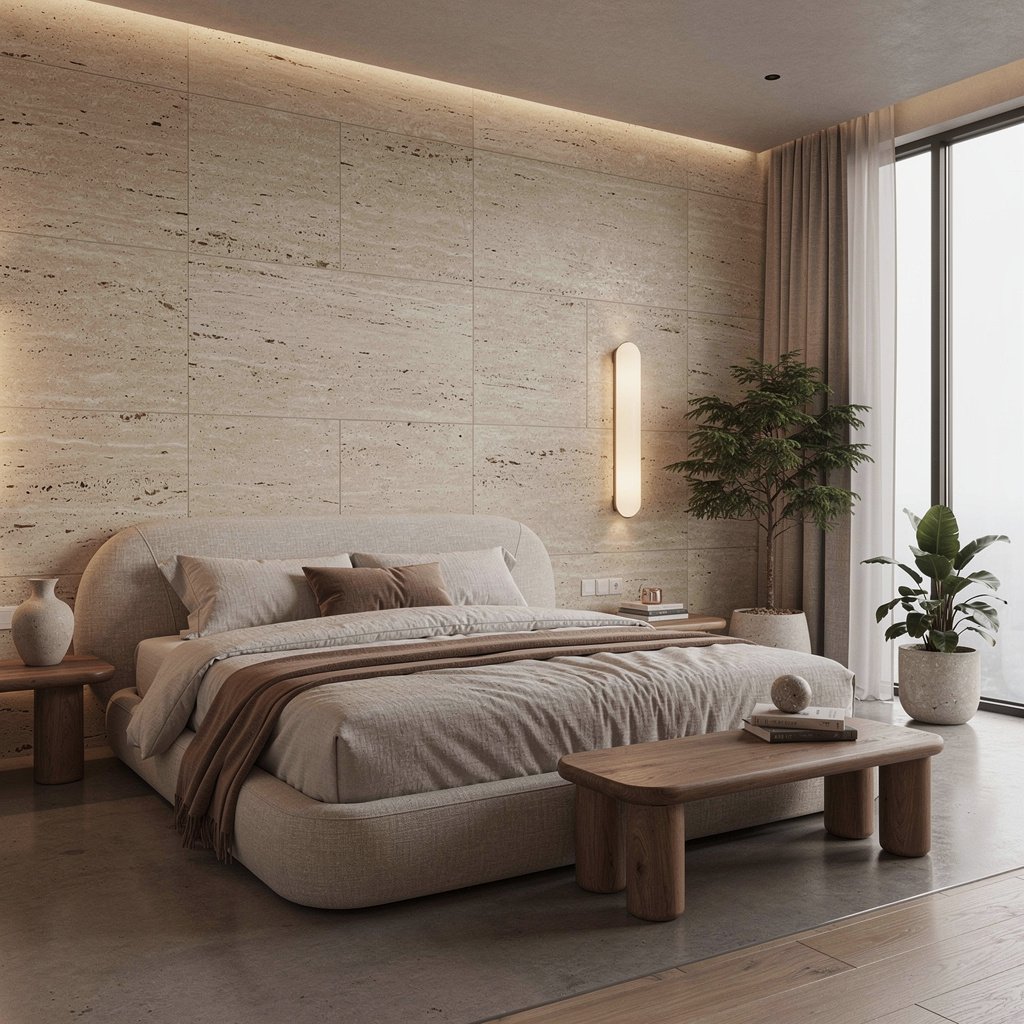 Soft Brutalist Bedroom With Natural Stone