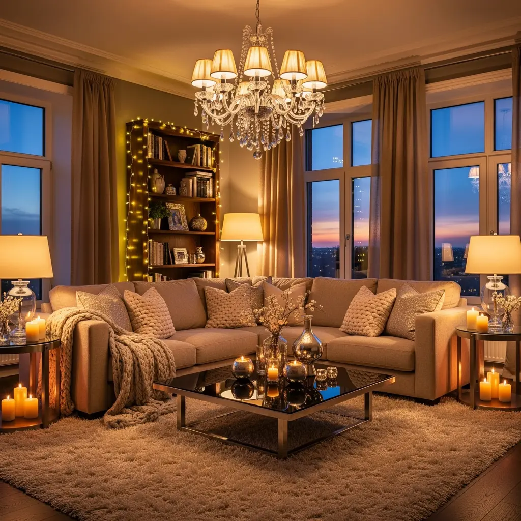 Sparkly Cozy Living Room with Warm Lighting and Elegant Accents