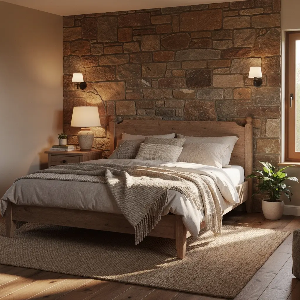 Stone or Brick Accent Wall cozy rustic bedroom