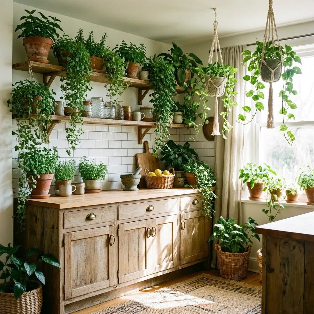 Trailing Herb Garden and Indoor Plants Cozy Boho Kitchen