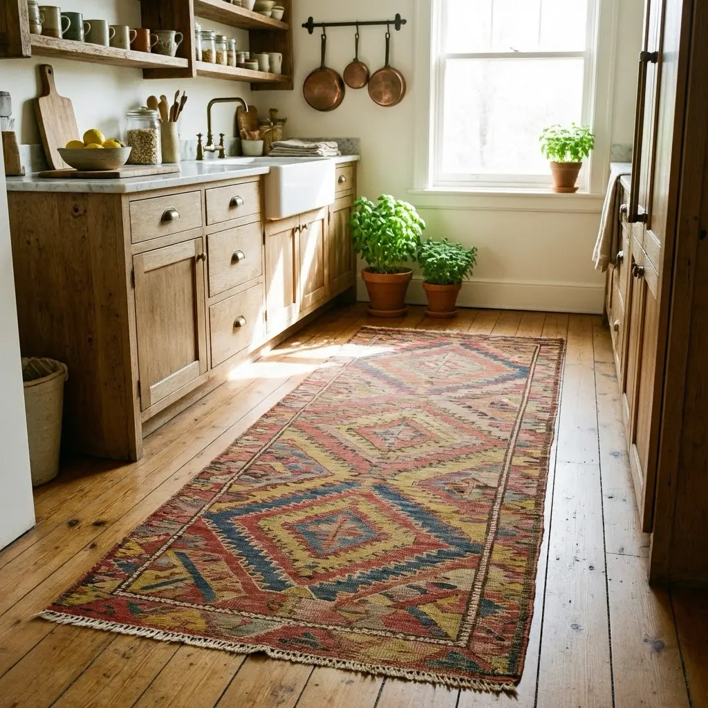 Vintage Turkish or Kilim Runner Rug ,Cozy Boho Kitchen