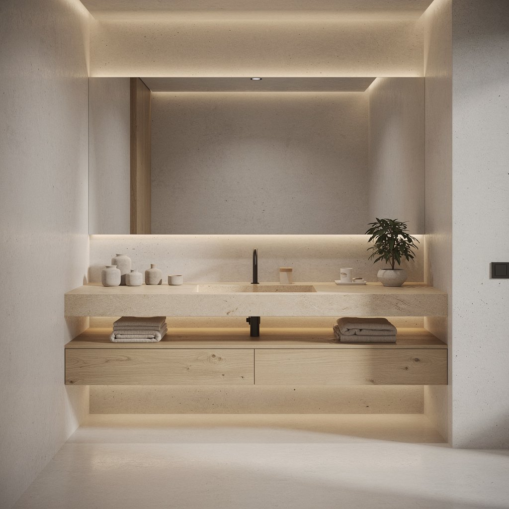 Warm Minimal Soft Brutalist Bathroom Interior
