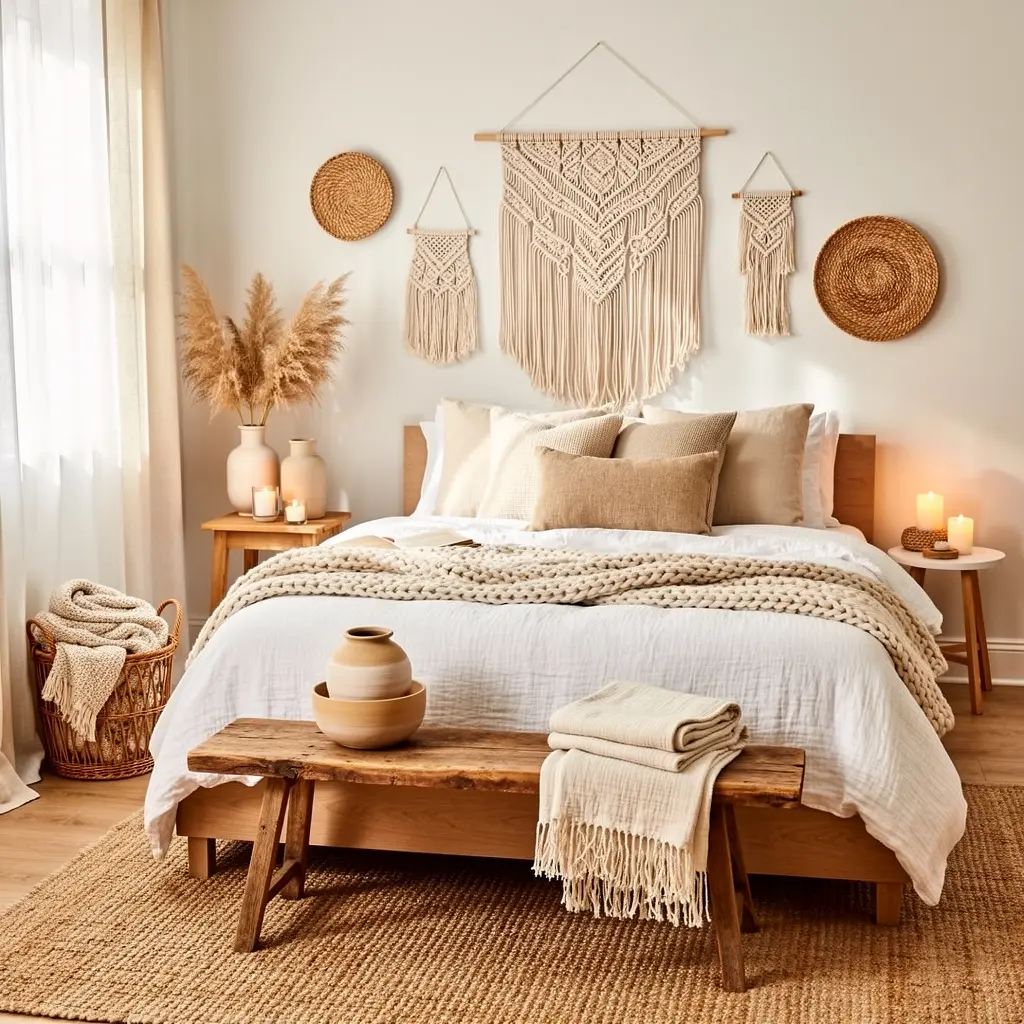 White Boho Bedroom with Macrame Wall Decor and Handmade Details